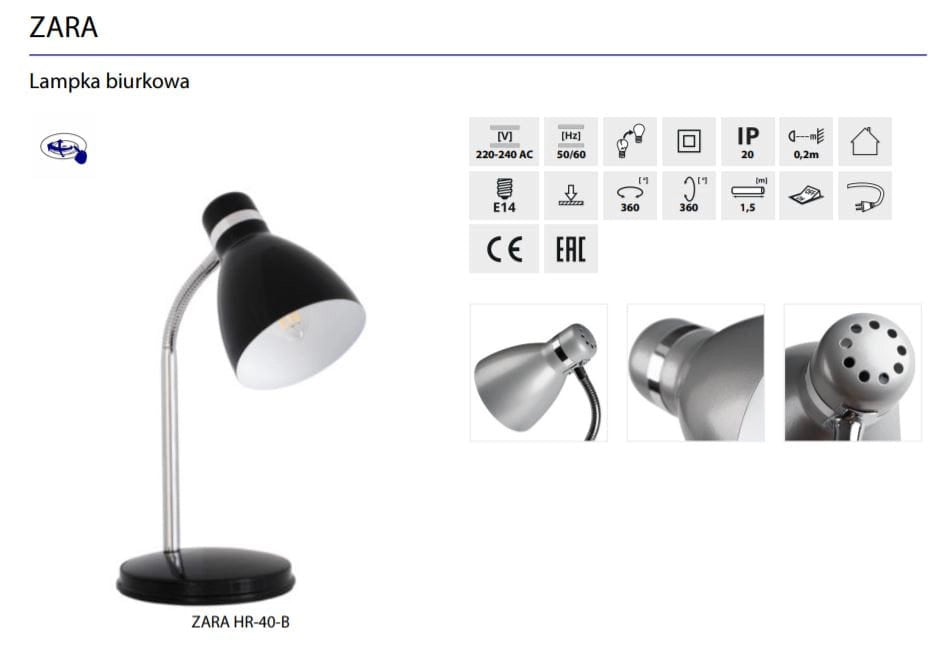 Lampada da scrivania Kanlux ZARA 7561 cromo/nero E14