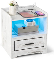 Comodino con LED, Comodino Intelligente con 2 Porte USB, Ripiano Aperto e Cassetto, Luci a Colori Variabili, Bianco, 45 x 40 x 50 cm (2, Bianco)