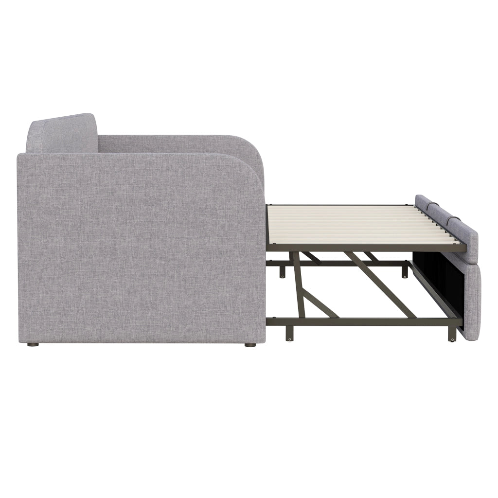 Letto divano estraibile 90/180x190 cm con schienale a righe verticali; rete a doghe e rivestimento in lino grigio chiaro
