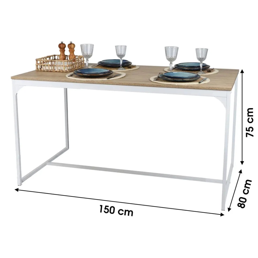 Tavolo da pranzo stile industriale collezione PUEBLO - Colore rovere chiaro con piede in metallo bianco, dimensioni 150x80x75 cm.