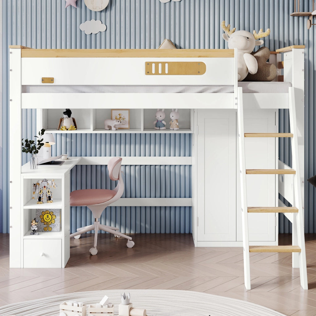 Letto a Castello 90x200 cm - Scrivania; Armadio e Scaffale Aperto - in Legno e MDF - Bianco e Naturale