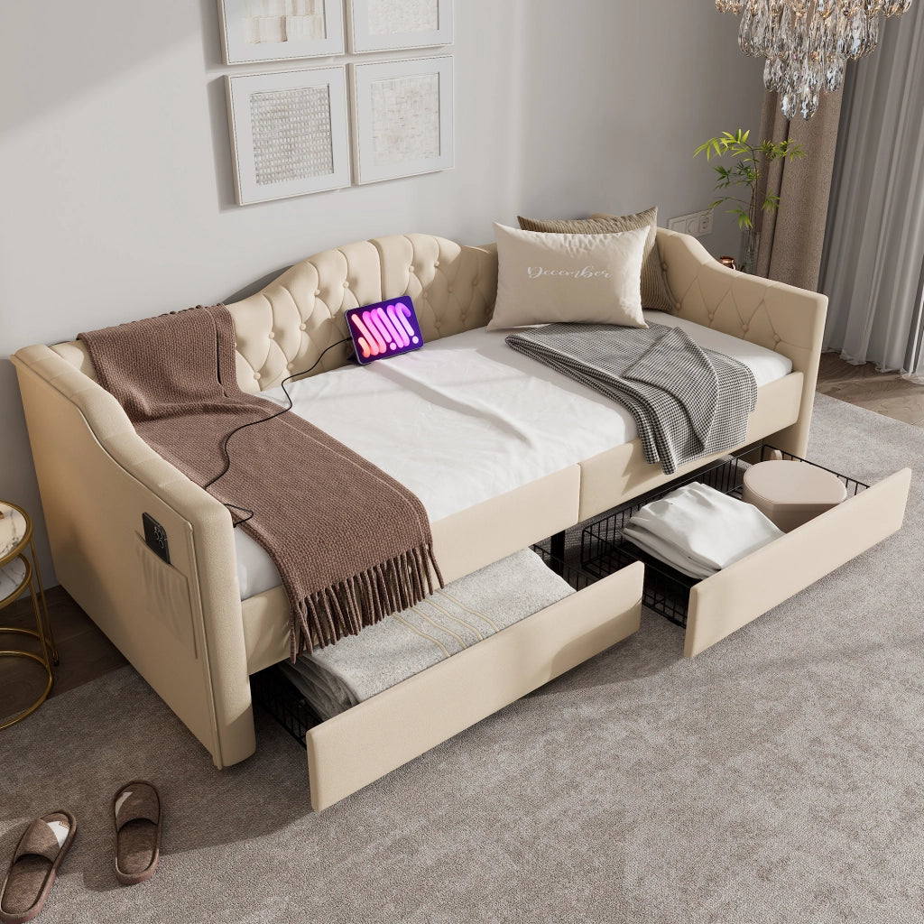 OKWISH Letto Banquette 90×200 cm, Letto Singolo con USB, Tipo C, 2 Cassetti e Tasche Laterali, senza Materasso, in Velluto, Beige