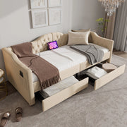 OKWISH Letto Banquette 90×200 cm, Letto Singolo con USB, Tipo C, 2 Cassetti e Tasche Laterali, senza Materasso, in Velluto, Beige