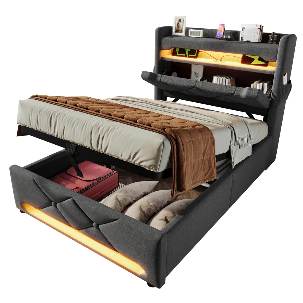 Letto singolo contenitore 90x200 cm con LED 360°; USB; USB-C; sollevamento idraulico e testiera portaoggetti; lino grigio