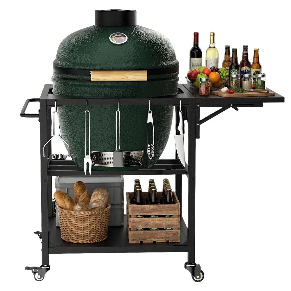 Tavolo da Grill per Esterno Big Green Egg ¨C Xylo ¨C Metallo con Ruote e Ripiano