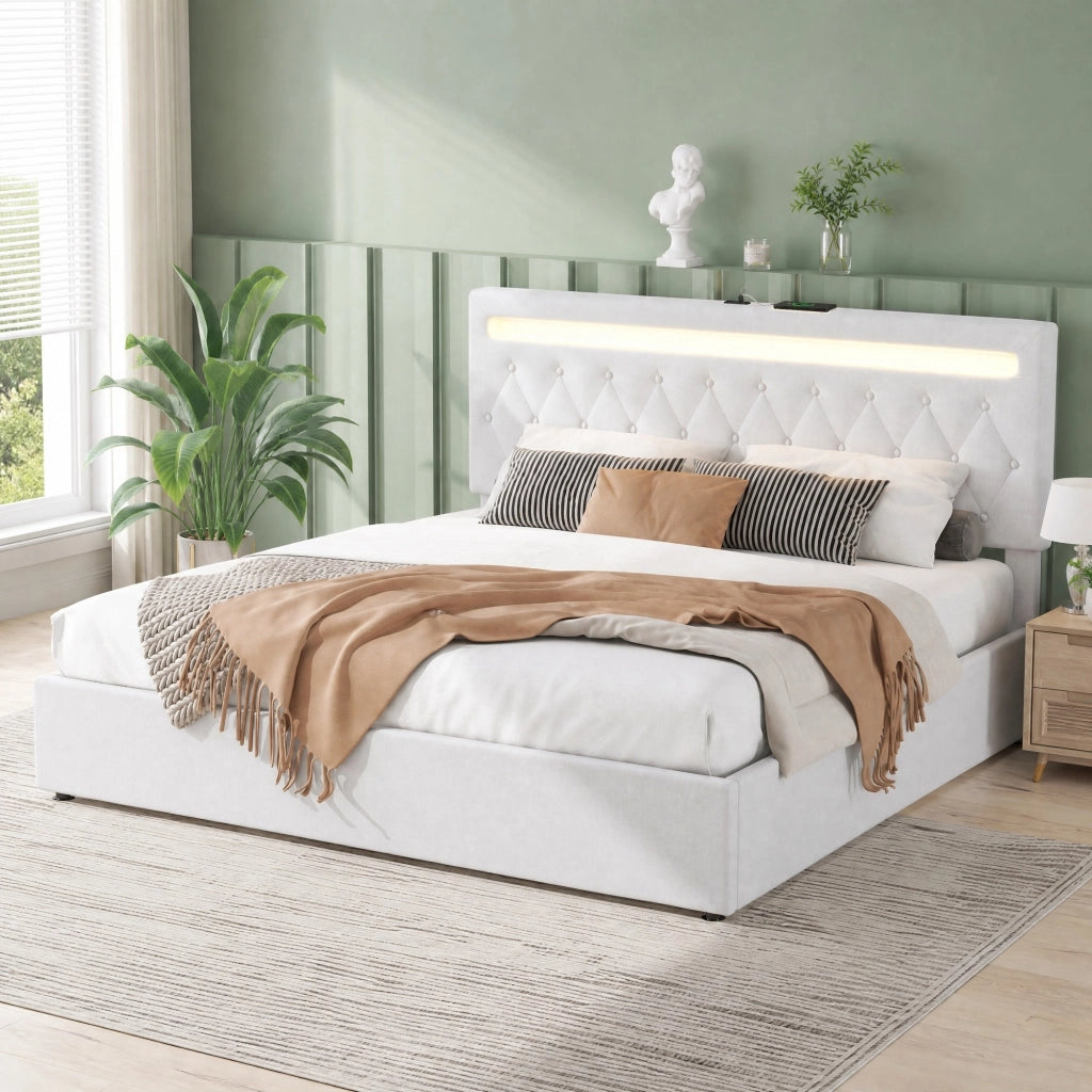 Letto imbottito 180x200 cm con contenitore; sollevamento idraulico; LED e USB; bianco