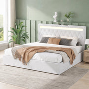 Letto imbottito 180x200 cm con contenitore; sollevamento idraulico; LED e USB; bianco
