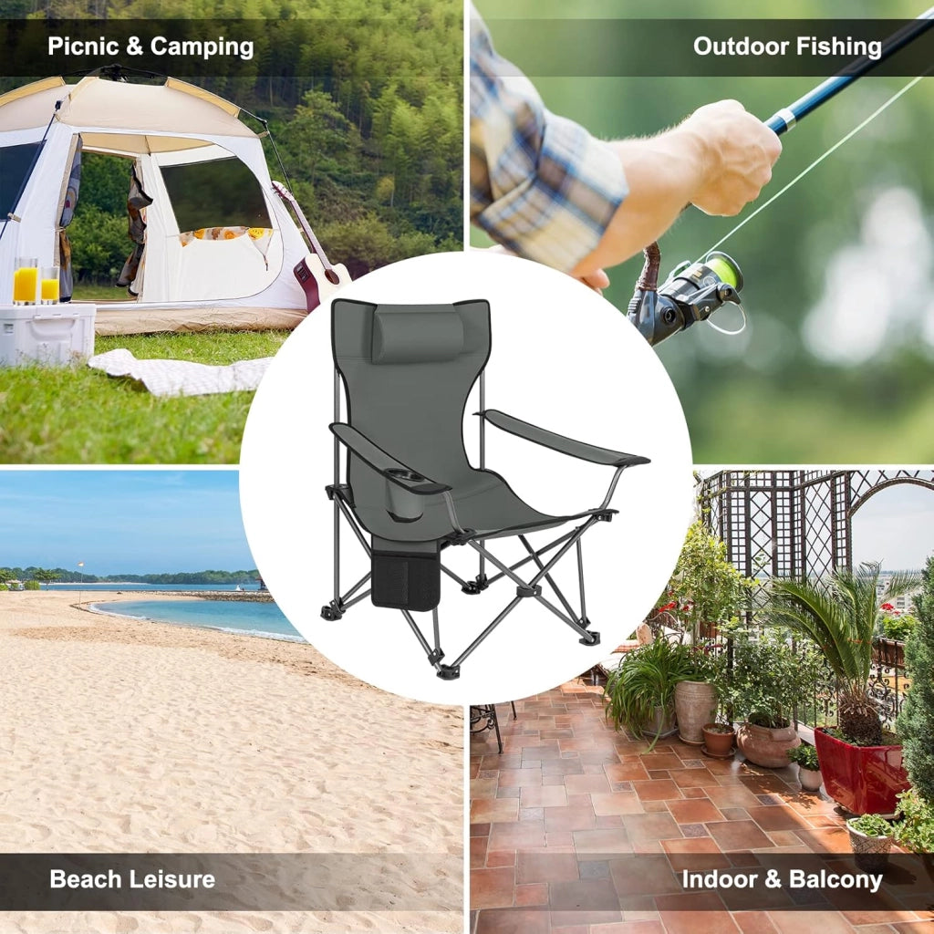 Sedia da Campeggio Portatile Reclinabile, Sedia Pieghevole Esterno con Poggiapiedi, Poggiatesta e Borsa da Trasporto, per Pesca, Giardino, Grigio