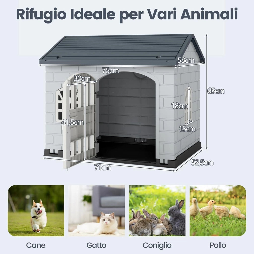 Cuccia per Cani da Esterno ed Interno, Cassetta per Cani con Porta Bloccabile, 3 Finestre e Tetto Inclinato, Cucce per Cagnolino in Plastica Impermeabile (Grigio)