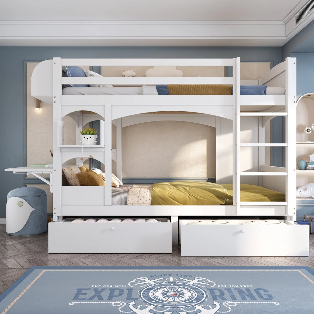 LETTO A CASTELLO con scrivania pieghevole, scaffale e 2 cassetti 90x200 cm Bianco