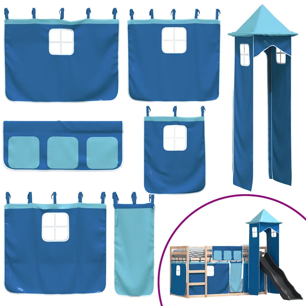 Letto singolo | Letto per adulti | Letto a Castello con Scivolo e Tende Blu 80x200 cm