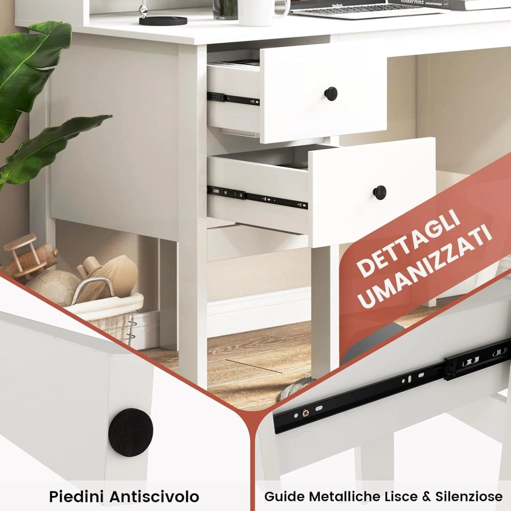 Scrivania con Cassetti e Libreria, Scrivania Salvaspazio con 5 Vani e 2 Cassetti, Scrivania Moderna da Ufficio e Casa, Bianco