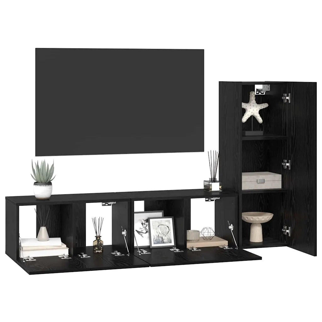 Set mobile TV 3 pz-Set di 3 Credenza per TV Rovere Nero Legno multistrato 221611