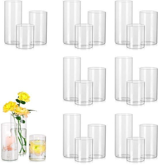 Set di Vasche per Fiori in Vetro, Cilindro in Vetro con Piede, 24 Vasche, Luminaria per Candelabri in Vetro, Sostegno per Candelabri a Stelo, Vasche per Candelabri in Vetro, Dimensioni: 10/15/20cm