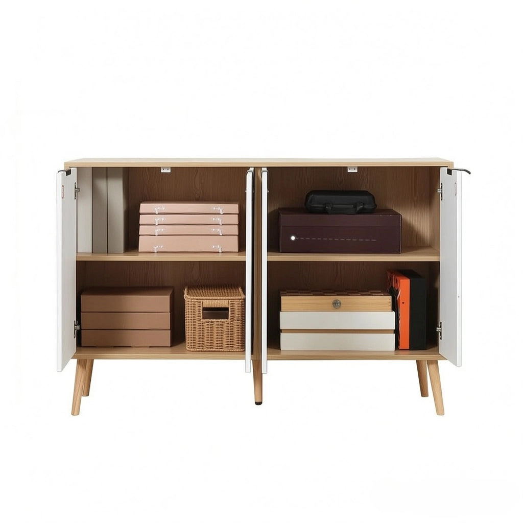 Credenza a 4 ante con 1 vano aperto e ripiano regolabile, per soggiorno, in truciolare bianca, 120 × 35 × 77,4 cm