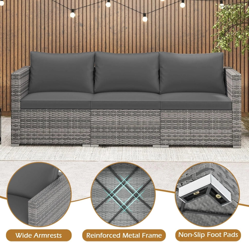 Divano da Giardino a 3 Posti in Rattan con Cuscino Imbottito, Mobili per Terrazza e Balcone, Colore Beige, 193 x 67 x 61,5 cm (Grigio)