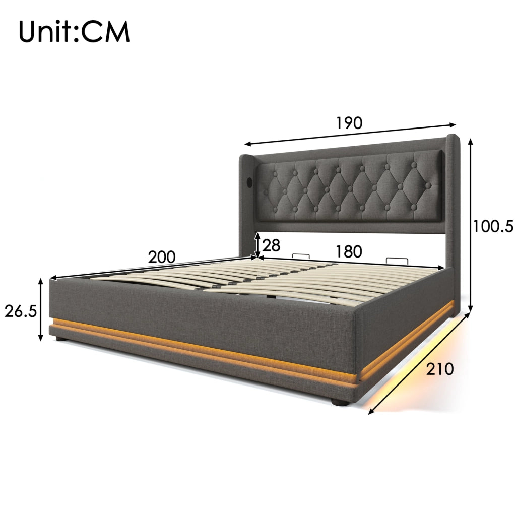 Letto matrimoniale imbottito 180x200 cm in cotone grigio con contenitore; LED e USB Type-C