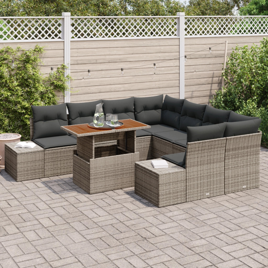 Set da pranzo da giardino 9 pezzi con cuscini grigi in polirattan e acacia