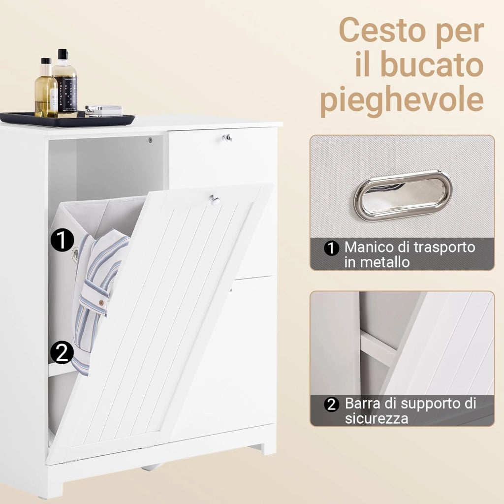 Mobile Bagno Salvaspazio Colonna Bagno Stretta 78x38x90cm con 1 Cesto Grande Integrato e 2 Cesti in Tessuto Estraibili – Armadietto Mobile Lavanderia BZR213-W