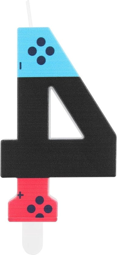 Cadeau di compleanno festivo con controller di gioco, candele blu e rosse numero 4, perfetto per bambini e bambine, tema gaming, decorazioni per il 4° compleanno, accessori per la torta.