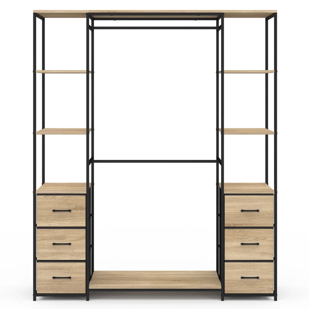 IDMarket - Armadio doppio UTAH + colonna doppia L. 140 cm con 6 ripiani e 6 cestini in legno e tessuto nero