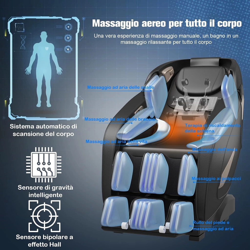 Poltrona Massaggiante 12 Modalità, a Zero Gravità, con Airbag e Rulli SL, Riscaldamento sullo Schienale, Rullo per Piedi, Rilevatore Corpo Automatico, Altoparlante Bluetooth e Timer (Nero)