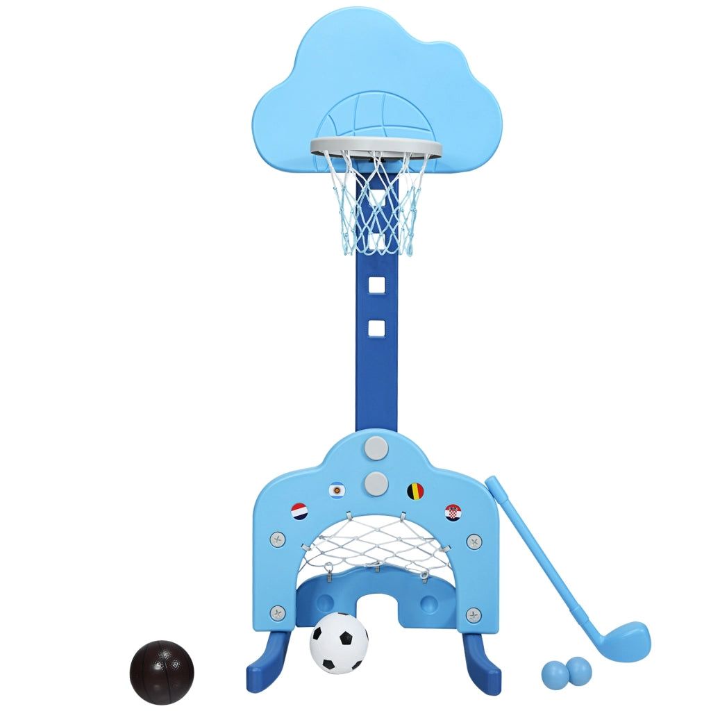 Canestro da basket 3 in 1 con 5 altezze regolabili, Canestro da basket e gioco del golf per bambini Blu