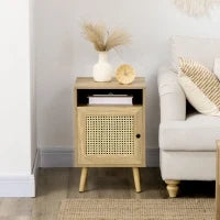 Set 2 Comodini in Stile Boho con Armadietto e Ripiano Aperto, in Truciolato, Rattan e MDF, 39x35x60 cm