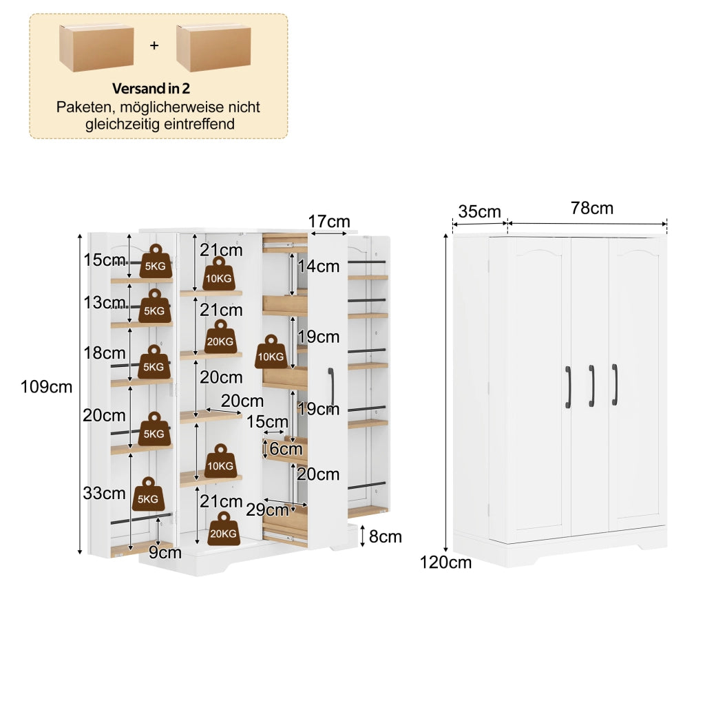 Credenza da cucina con 2 ante e ripiani regolabili - per cucina - in MDF - 120×35×78 cm - bianco