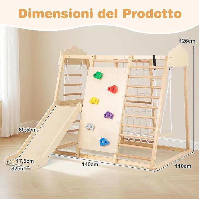 8 in 1 Set da Arrampicata per Bambini, Palestra in Legno da Interno con Sbarre Scivolo Altalena Scala in Corda e Roccia/Rete da Arrampicata, per Bambini 3 Anni+ (Naturale)