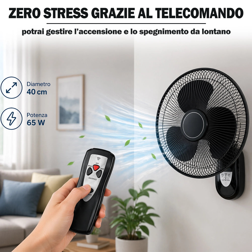 Ventilatore da Parete Nero 40cm con Telecomando Installazione a Muro Silenzioso