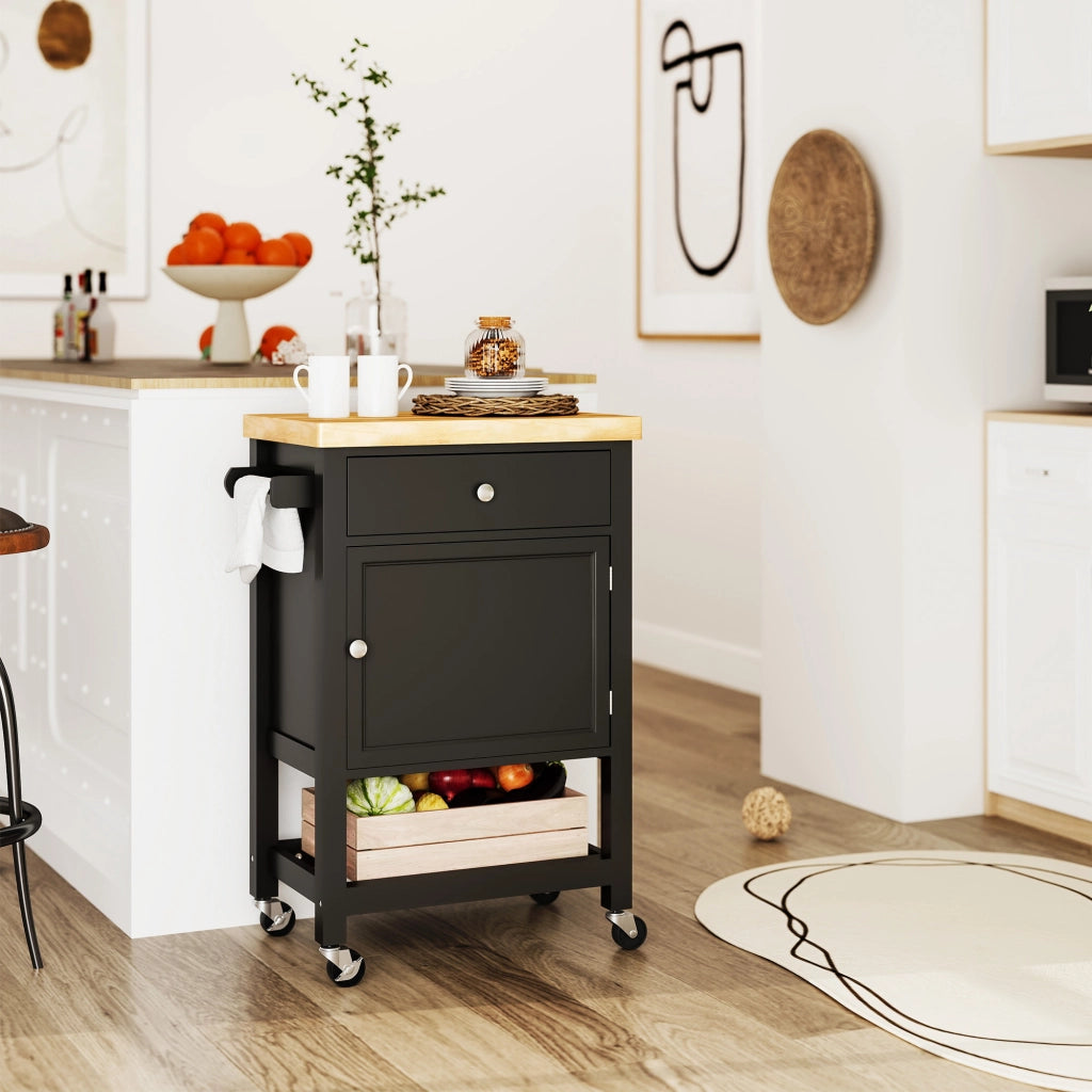 Tavolino da cucina con ruote ¨C zephmum ¨C legno, 1 cassetto, nero, 63.5x40x90cm
