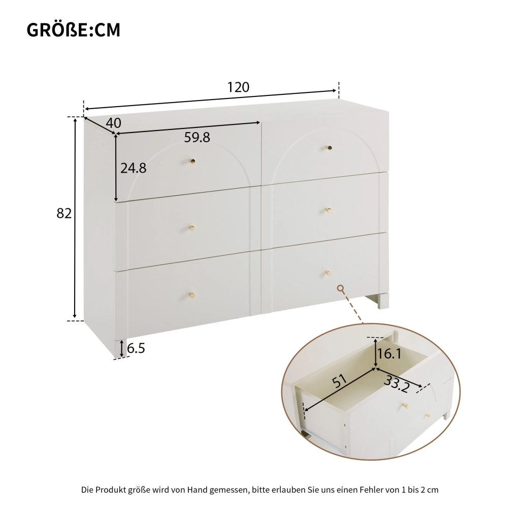 Cassettiera con 6 cassetti in legno truciolare, colore bianco crema, H82 x L120 x P40 cm