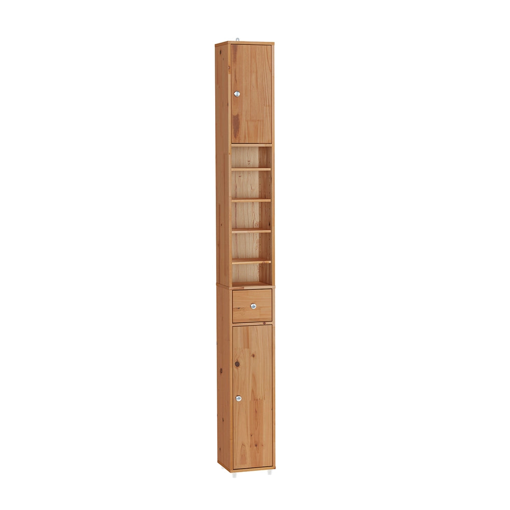 SoBuy Mobile Bagno Stretta – Colonna Bagno Idrorepellente, Alto con Ripiani Regolabili e Cassetto – Armadietto Salvaspazio, Legno massello, Colore legno, 20x180x20cm, BZR34-II-SH