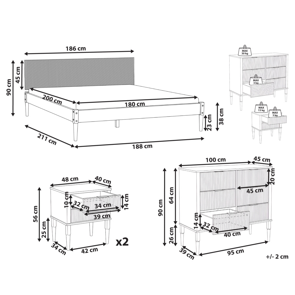 Set da camera da letto in legno di pino letto matrimoniale con 2 comodini e cassettiera a 6 cassetti 180 x 200 cm marrone chiaro stile scandinavo