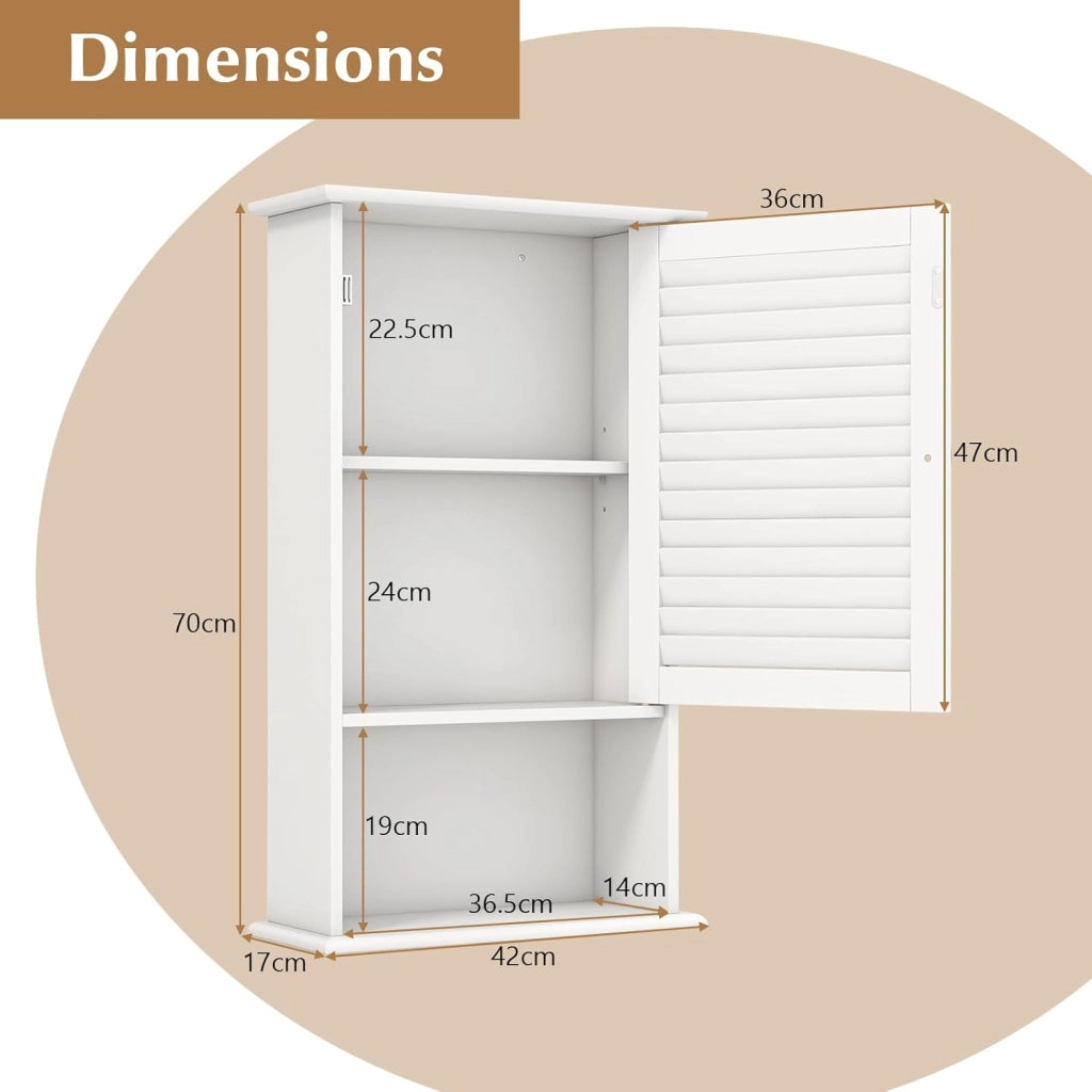 Armadio da Bagno a Parete con Porta, 2 Ripiani Regolabili e Scomparto Aperto, Armadio in Legno a 3 Livelli, Mobile Multiuso per il Bagno, Cucina, Ingresso, 42x17x70 cm (Bianco)