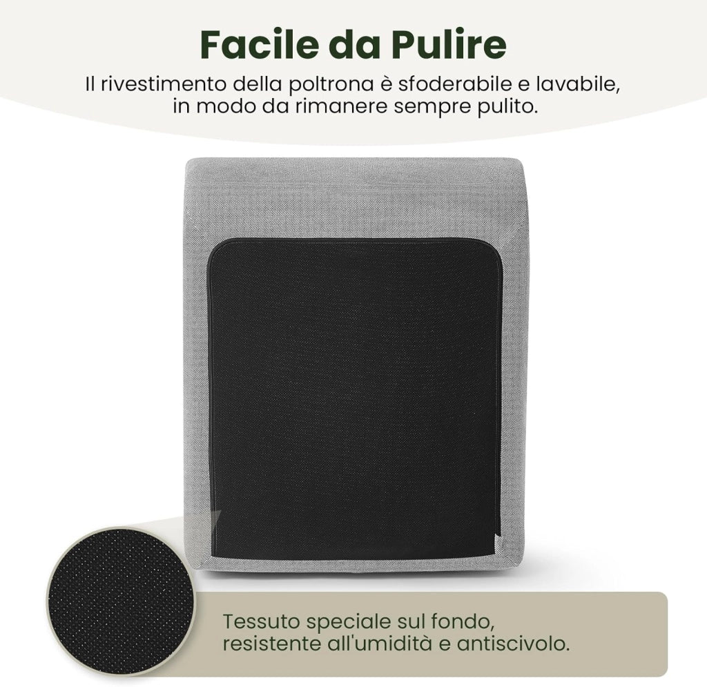 Poltrona Imbottita da Terra, Pouf Poltrona con Schienale, Sfoderabile, per Soggiorno, Camera da Letto, Balcone, 98x84x73 cm, in Spugna, Grigio, 0034XXY