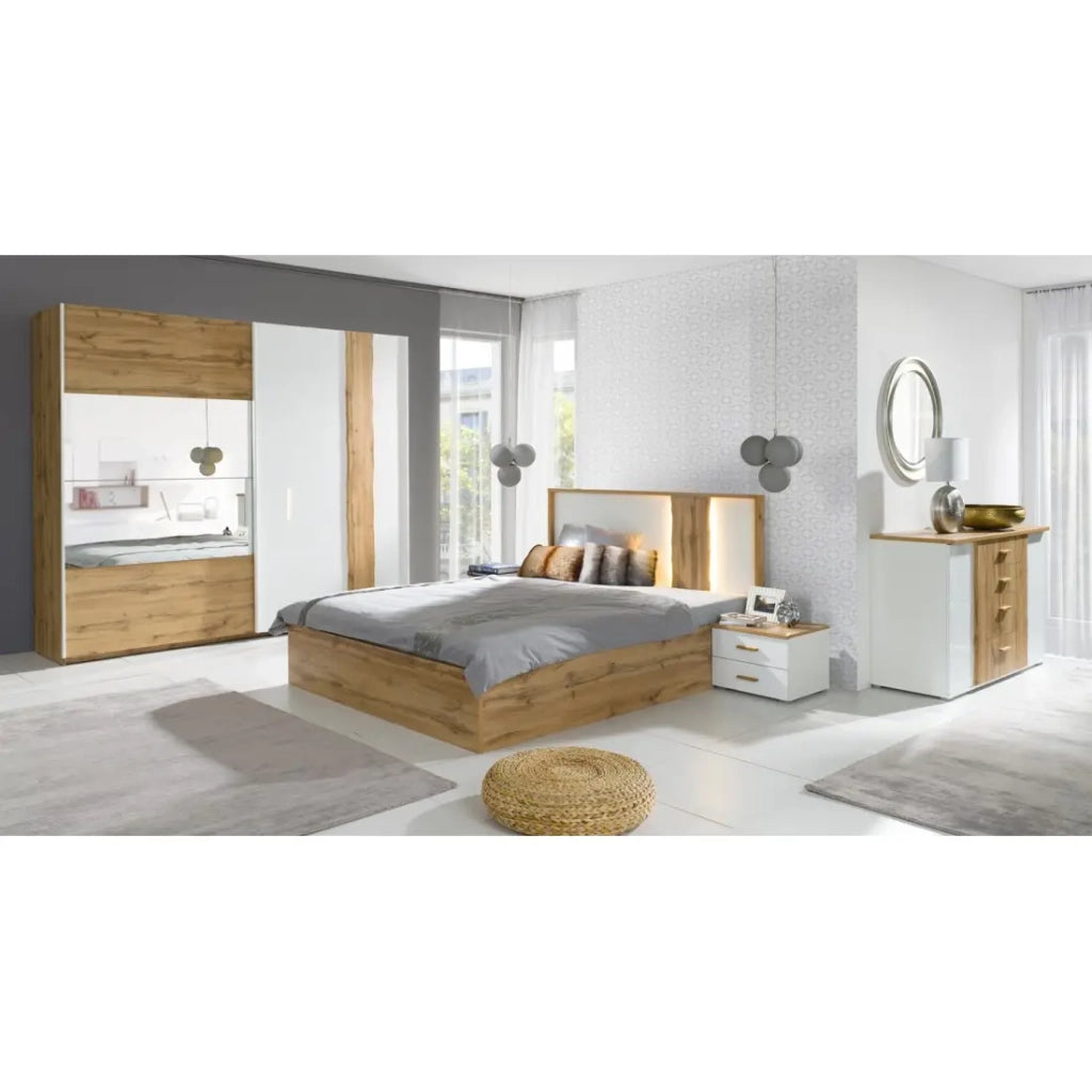 Pack letto WOOD 180 x 200 cm con LED e 2 comodini – Bianco e rovere – Set camera da letto design
