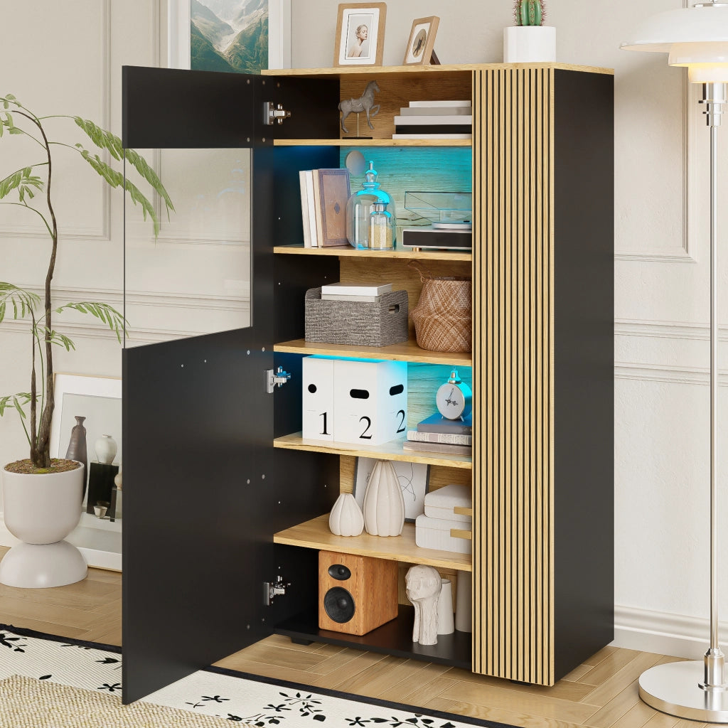 Armadio contenitore moderno nero con vetro, ripiani regolabili e illuminazione multicolore integrata