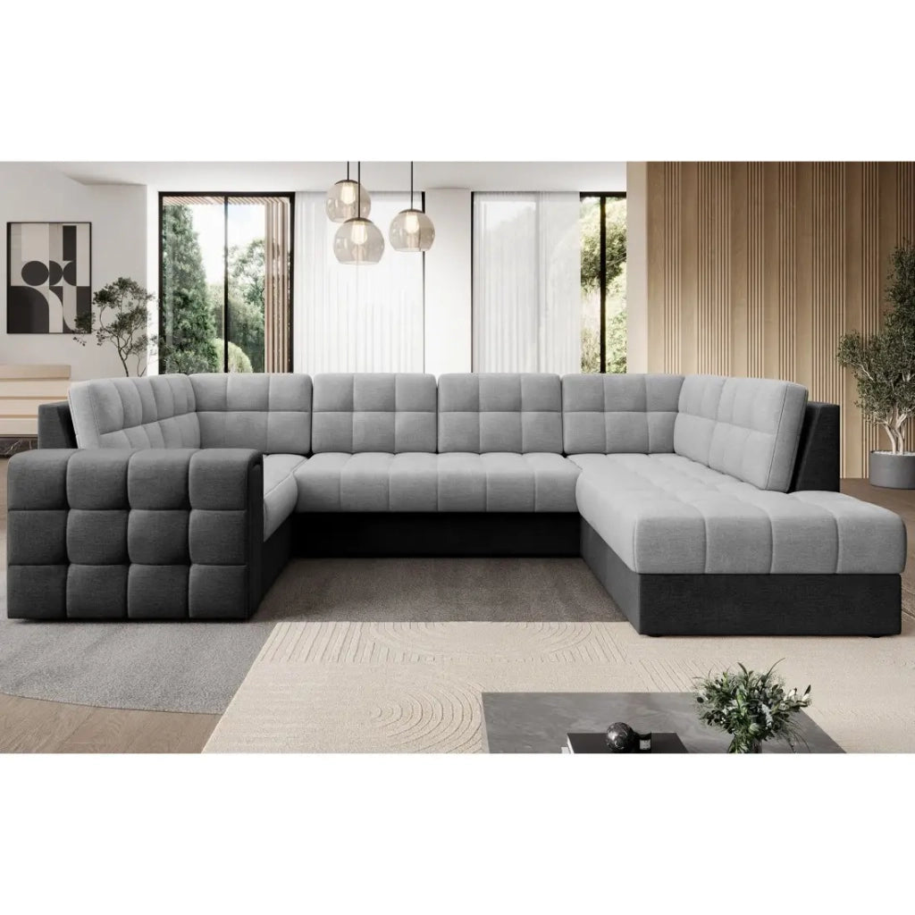 Divano angolare trasformabile MONTEZA nero e grigio 299 cm con vano contenitore e letto