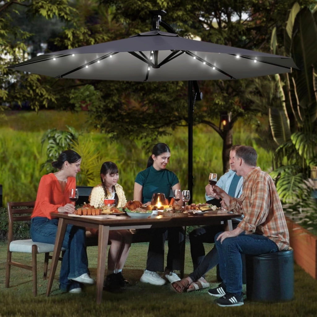 Ombrellone parasole con manovella, in alluminio, ombrellone da giardino, balcone, con supporto, protezione dai raggi UV, terrazza, giardino, spiaggia, grigio scuro, 3,5M, mit LED