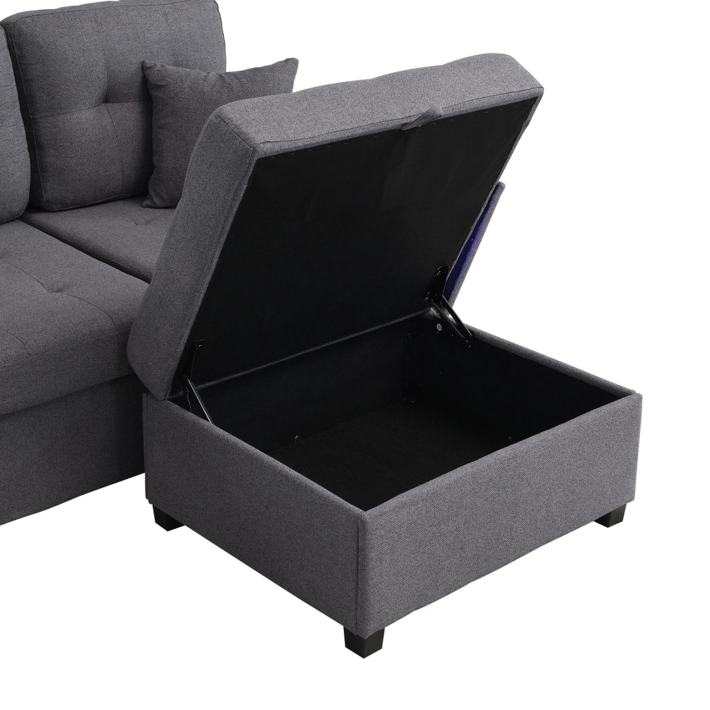 Divano angolare 4 posti grigio antico con contenitore, luci decorative e ricarica integrata
