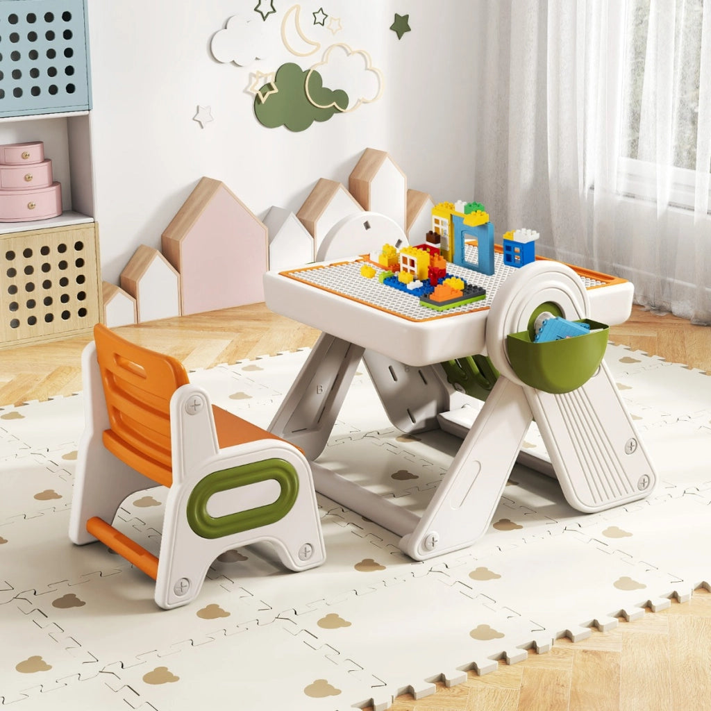 Set tavolo e sedia multifunzione 6 in 1 per bambini 18+ Mesi, Cavalletto pieghevole con piano reversibile e porta penne Arancione-Tavoli e sedie