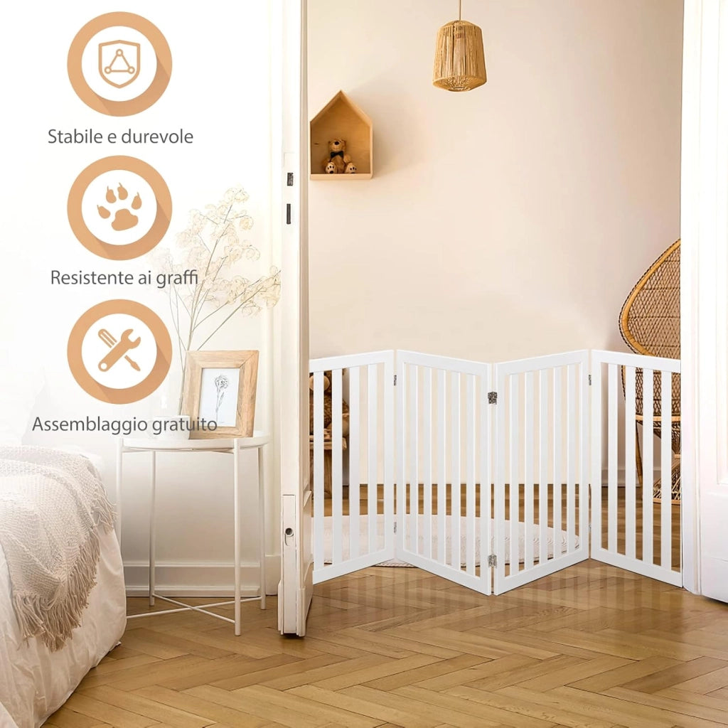 Cancelletto per Cani Pieghevole in Legno con 4 Ante, Ideale per Scale, Soggiorno e Cucina, 89 x 200 cm, Bianco