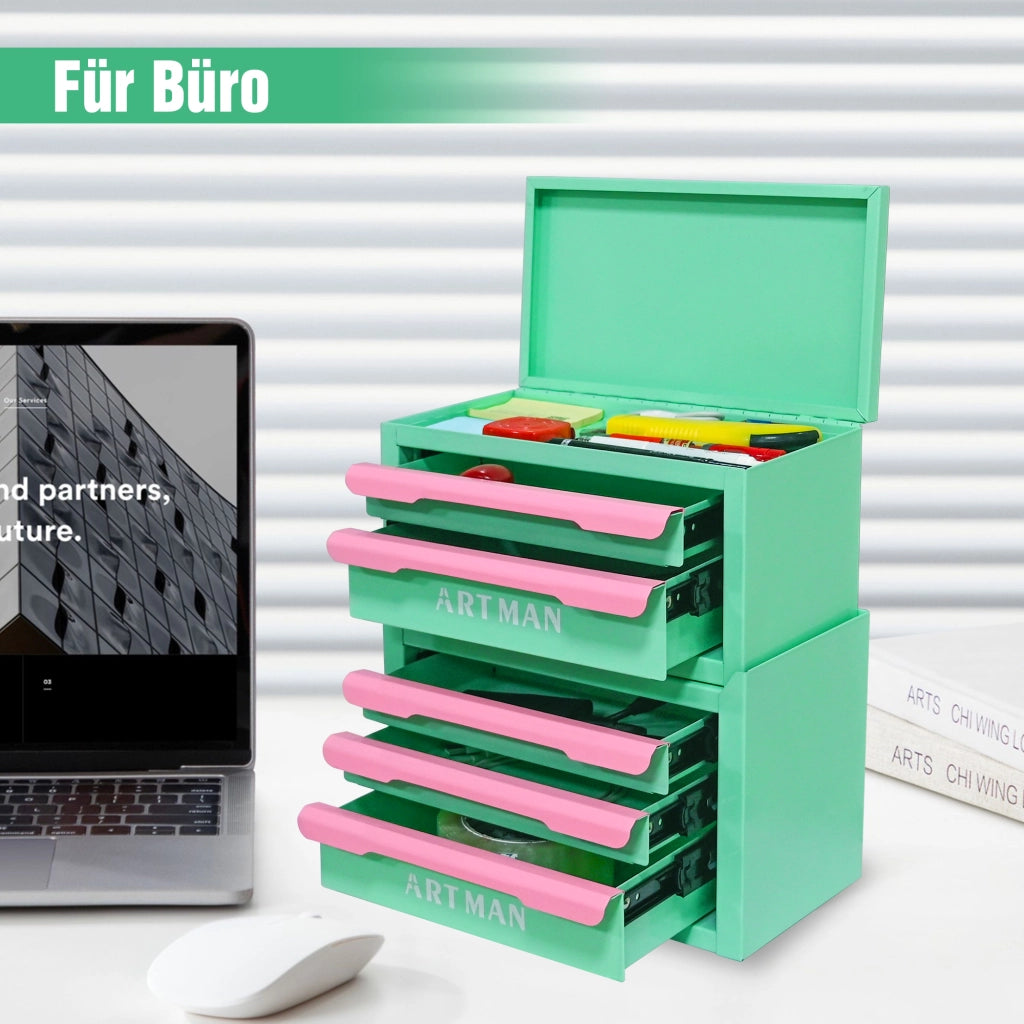 Cassettiera in acciaio con 5 cassetti impilabili, per cosmetici e ufficio, verde e rosa