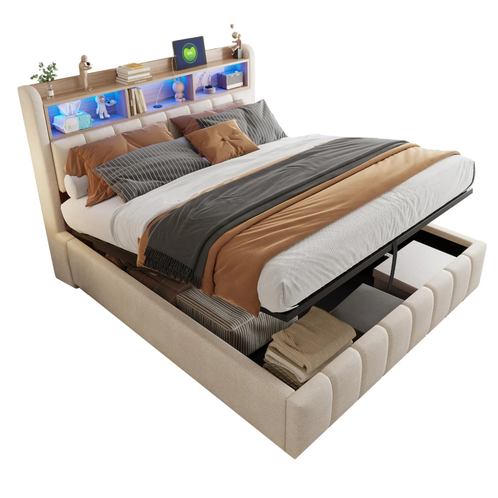 Letti contenitori 180x200 cm con LED e contenitore; lino; beige