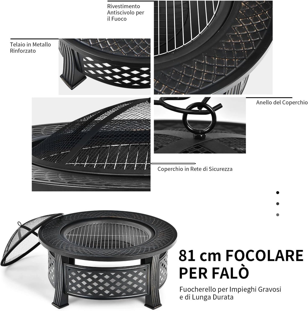Braciere da Giardino, 3 in 1 Braciere da Esterno con Copertura Protettiva, Copertura Antipioggia e Attizzatoio, Diametro: 50 cm, per Campeggio, Cortile, Patio