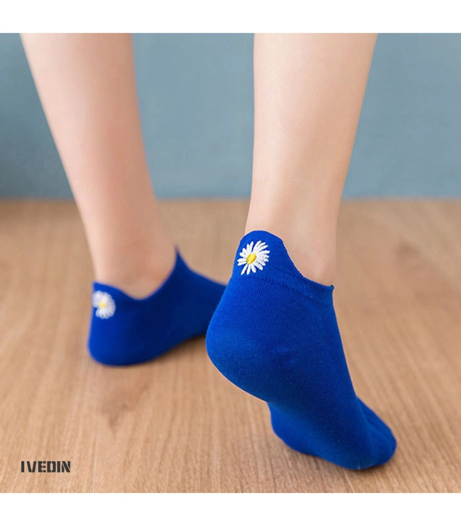 Calzini Bassi in Cotone per Donna e Bambina | Margherita Ricamata sul Tallone | Taglia Unica 35–40 EU