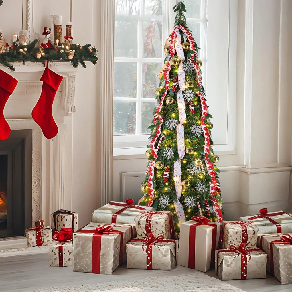 150cm Albero di Natale Pop Up, Albero di Natale Artificiale con 120PCS Luci LED, 11 Modalità di Illuminazione, Albero di natale Pieghevole, Salvaspazio, con Palline di Natale, Nastri