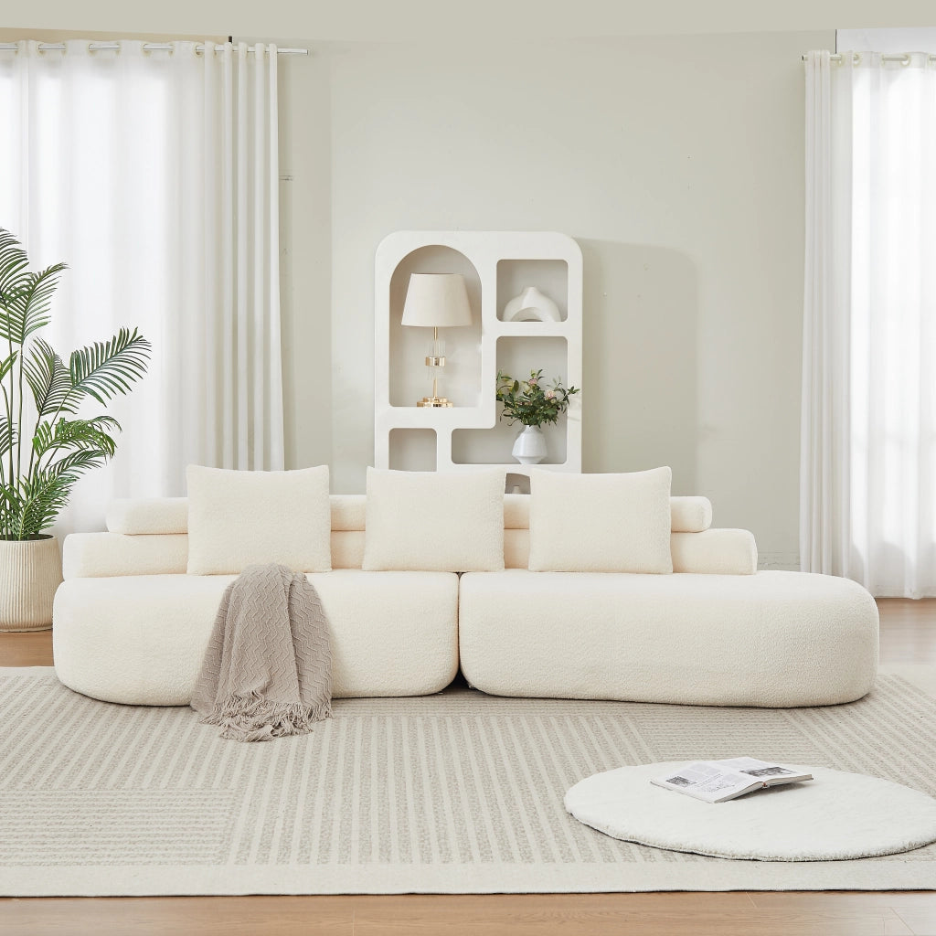 Divano modulare curvo 2 pezzi in ciniglia beige con 3 cuscini schienale